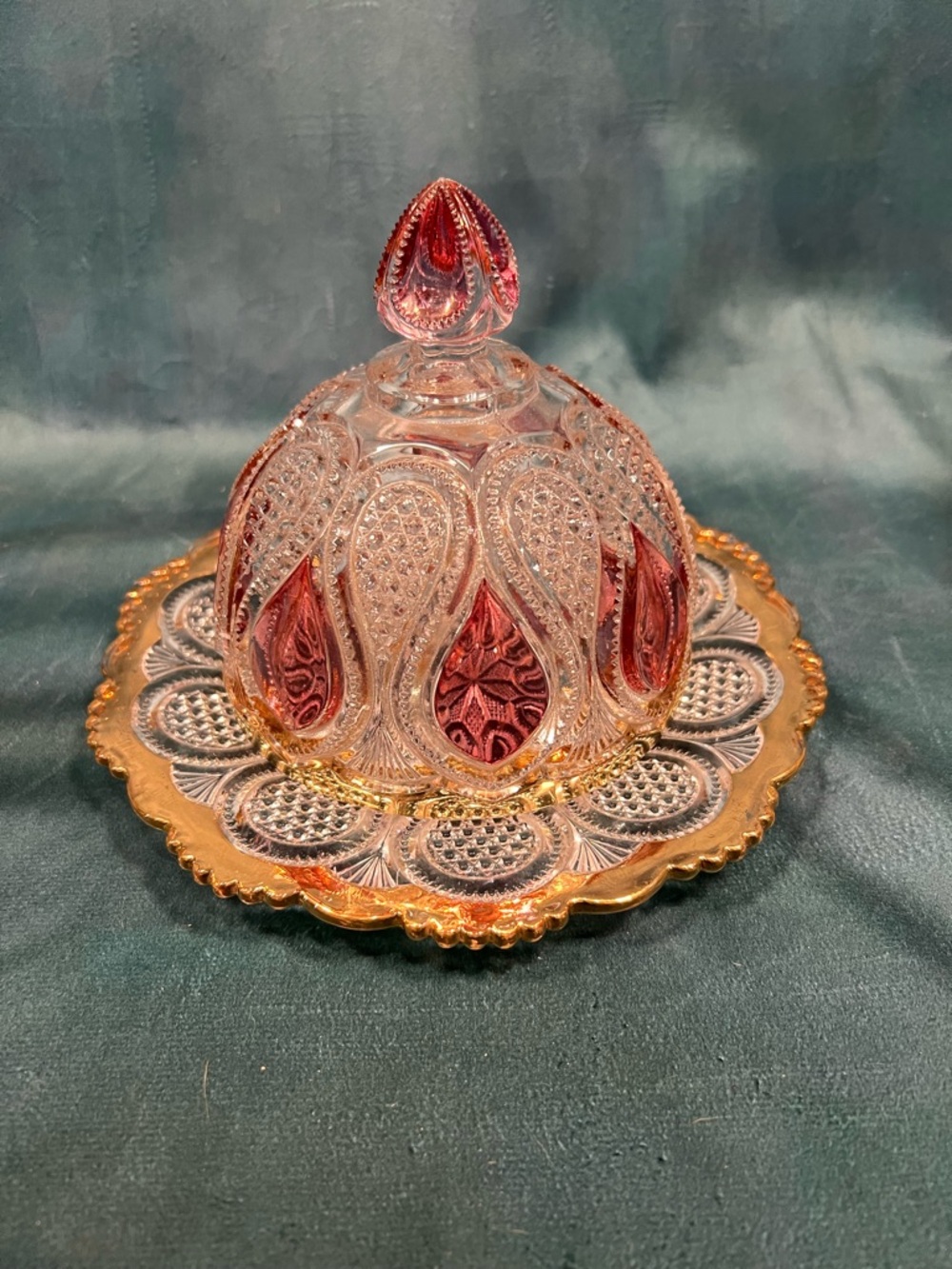 Pressed Glass Covered Butter Dish with Pink Accents and Gold Trim